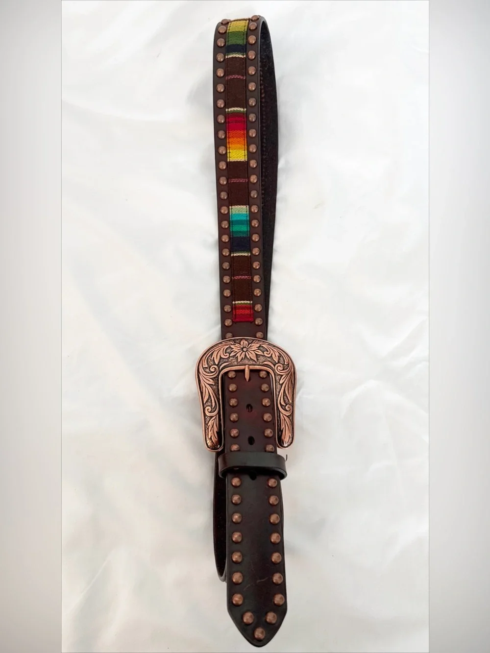 Ariat Brown Leather Studded Belt with Multicolor Woven Stripe